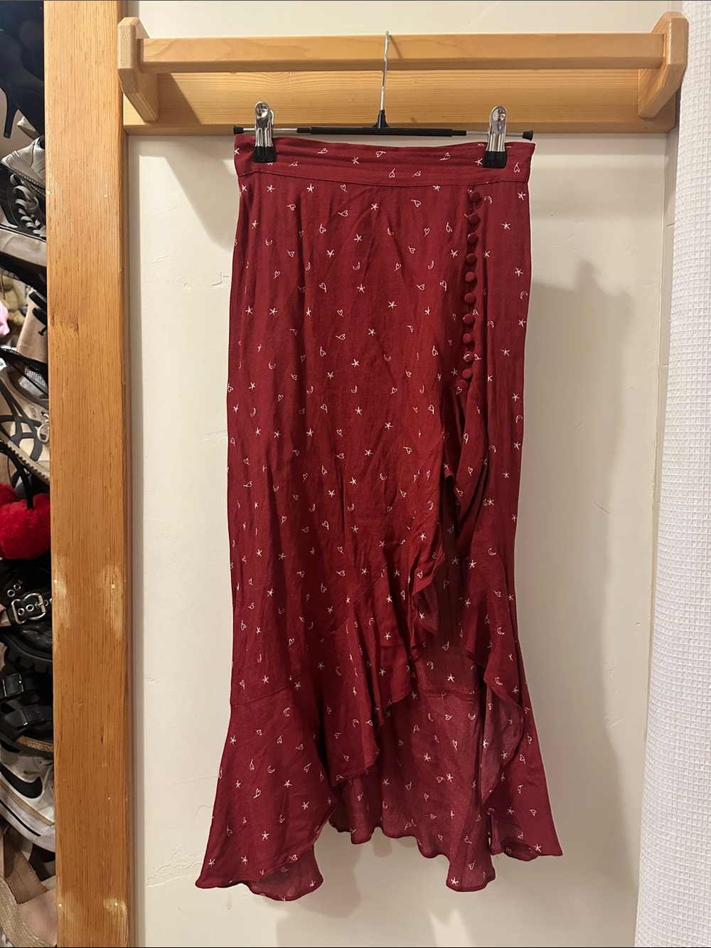 For Love & Lemons Burgundy High-Low Ruffle Button Skirt
